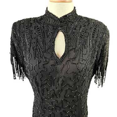 Jet Heavily Beaded Black Silk Casino Dress Asymme… - image 1