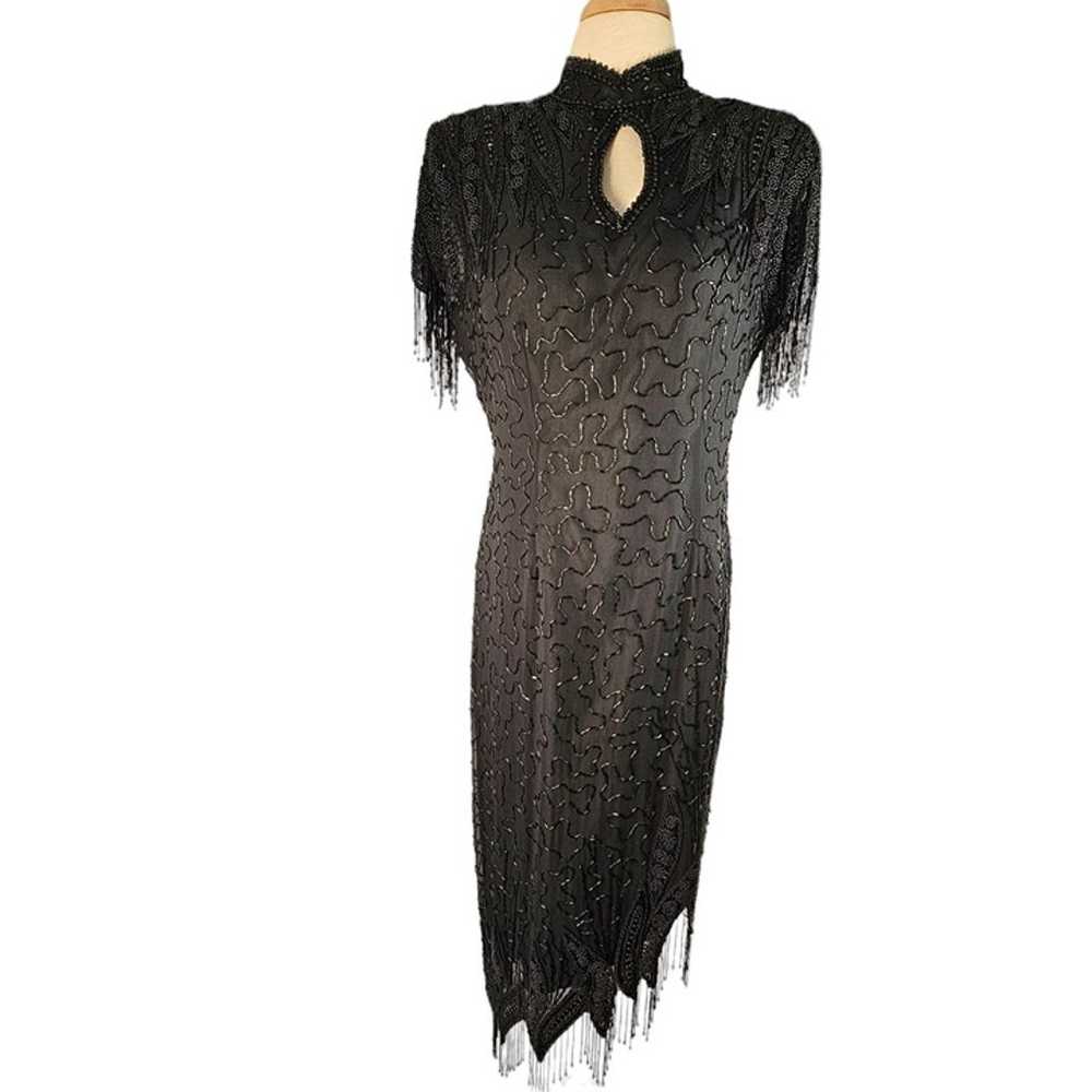 Jet Heavily Beaded Black Silk Casino Dress Asymme… - image 2