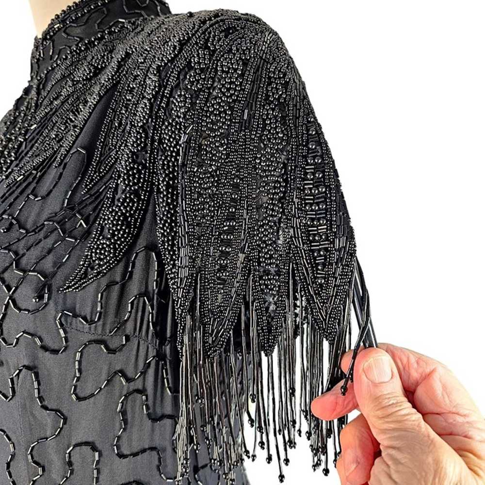 Jet Heavily Beaded Black Silk Casino Dress Asymme… - image 9