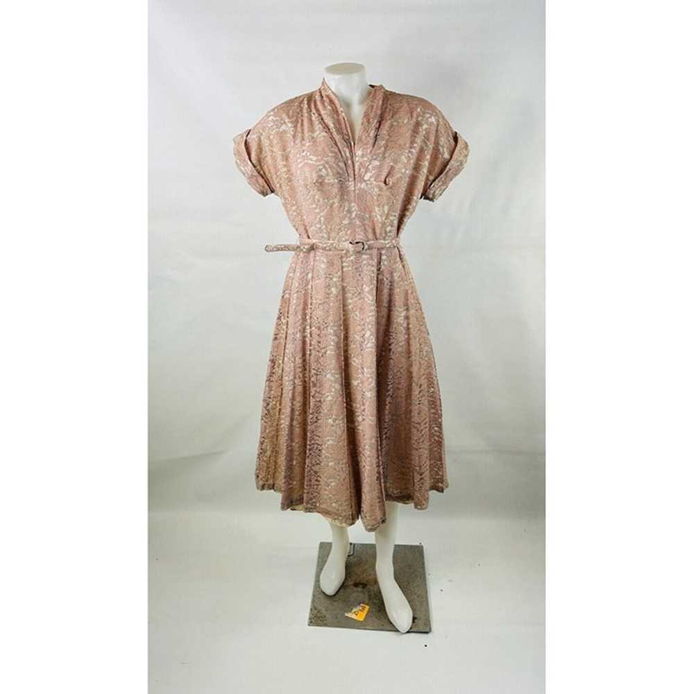 VTG 1950s Rockabilly Blush Pink Lace Belted A Lin… - image 8