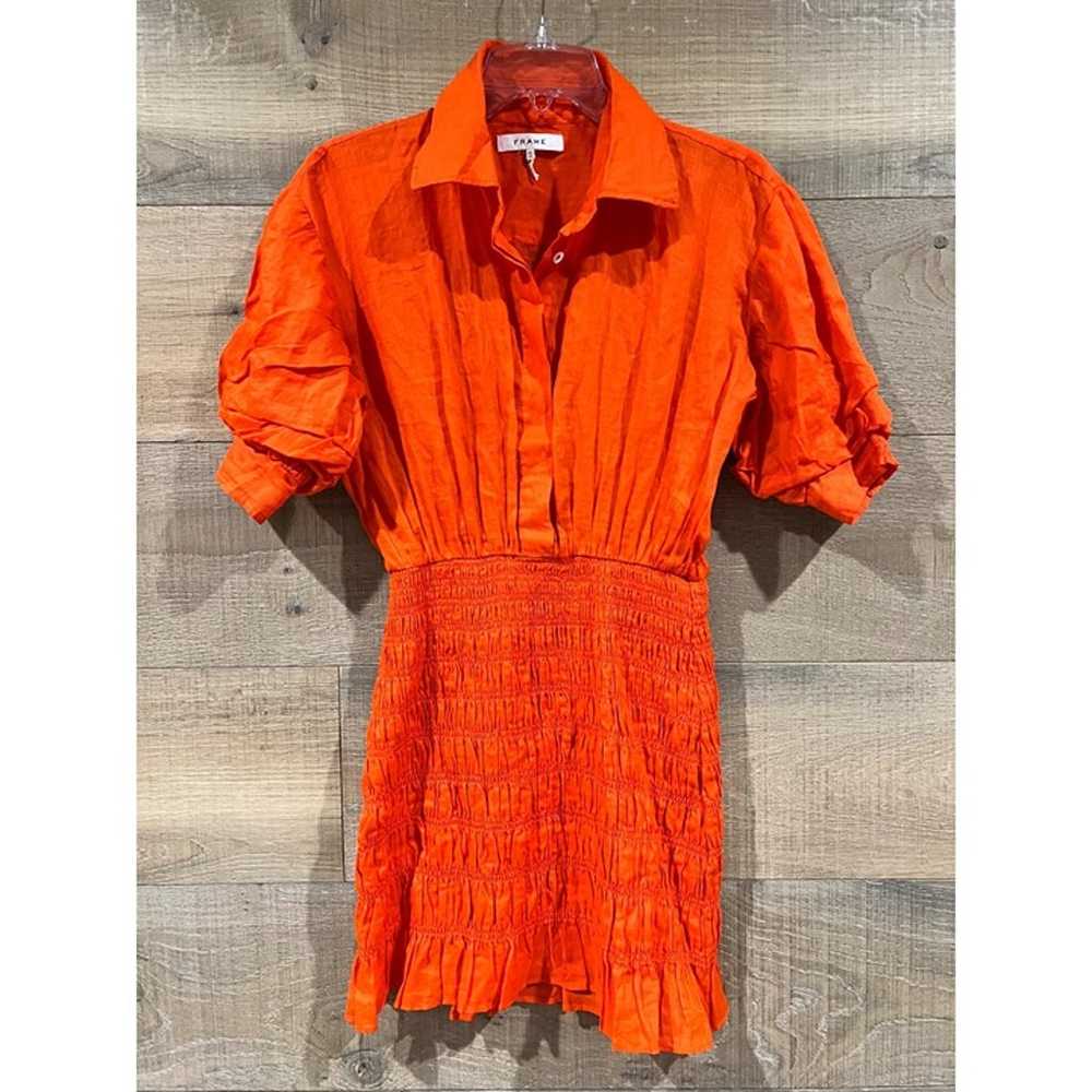 FRAME shirred puff sleeve orange ramie shirt dres… - image 2
