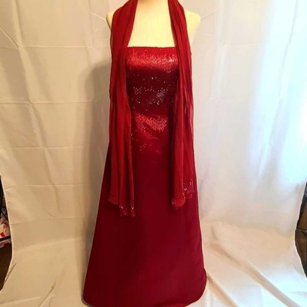 Basix II deep red beaded aline dress with shawl s… - image 1