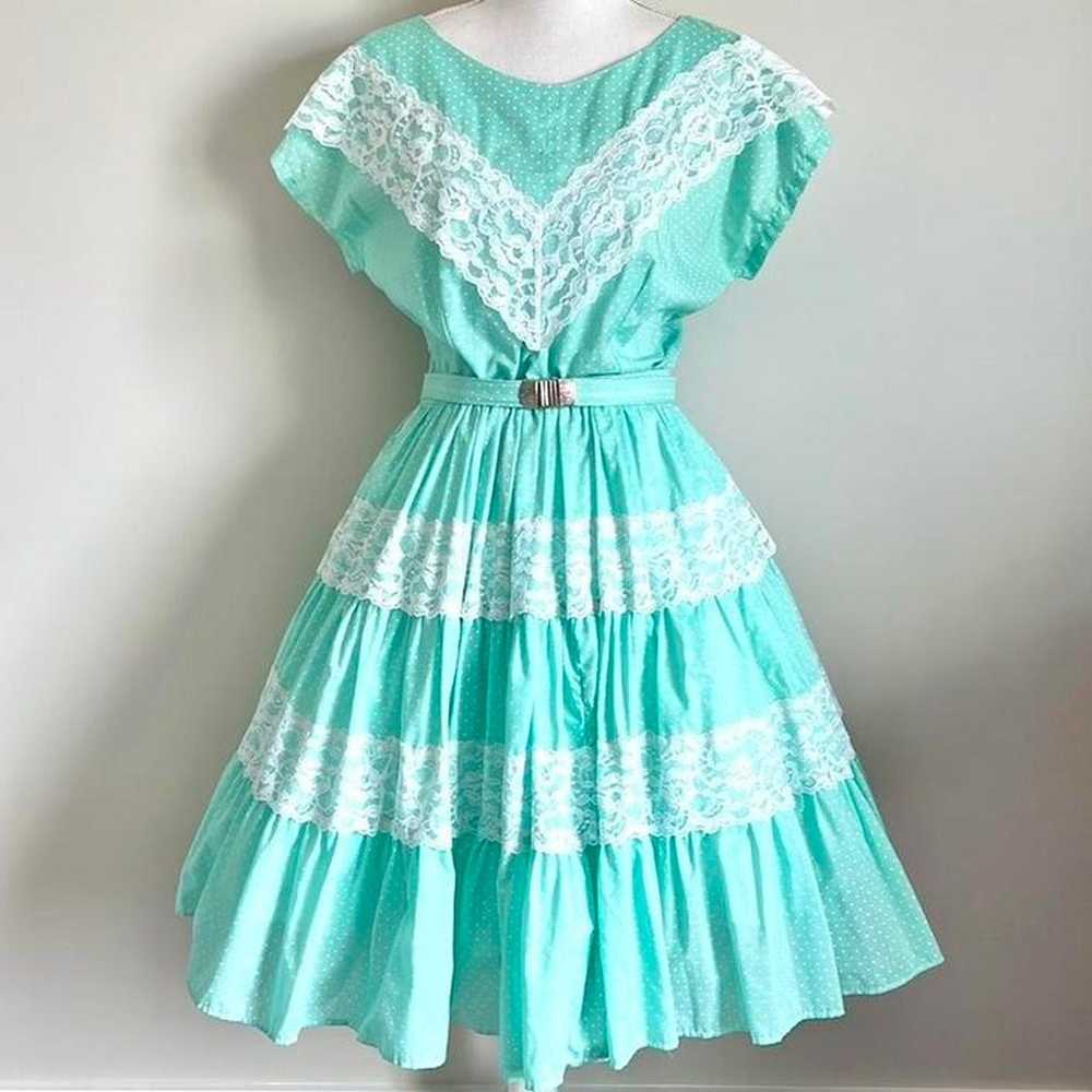 1970s Vintage Polka Dot Prairie Swing Dress - image 1