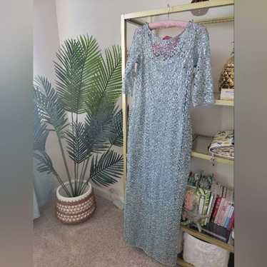 Kay Unger New York Blue 3/4 Sleeve Sequin Dress |… - image 1