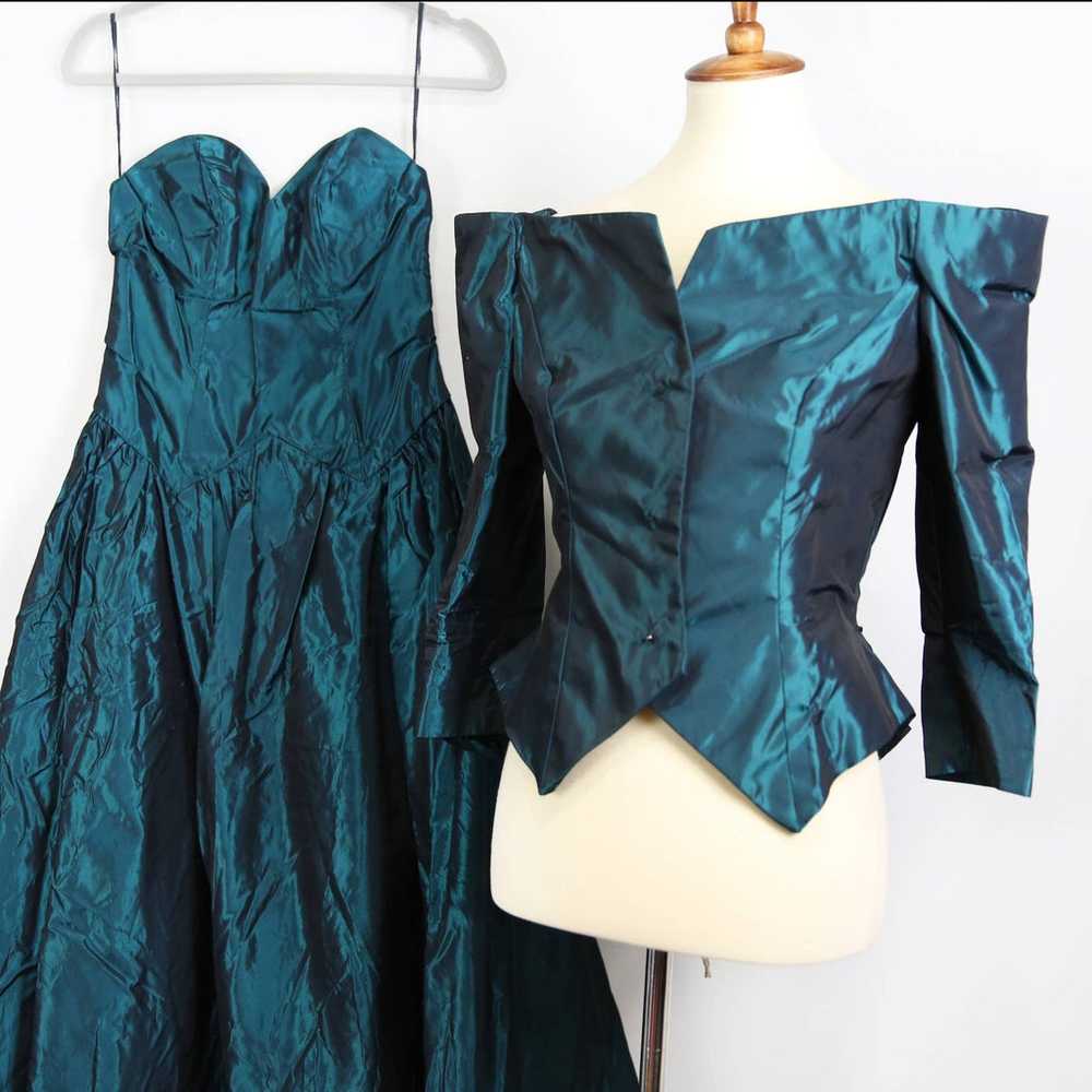 Vintage 70s 80s Peacock Green Teal Strapless Ball… - image 11