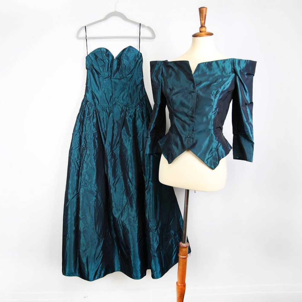 Vintage 70s 80s Peacock Green Teal Strapless Ball… - image 1