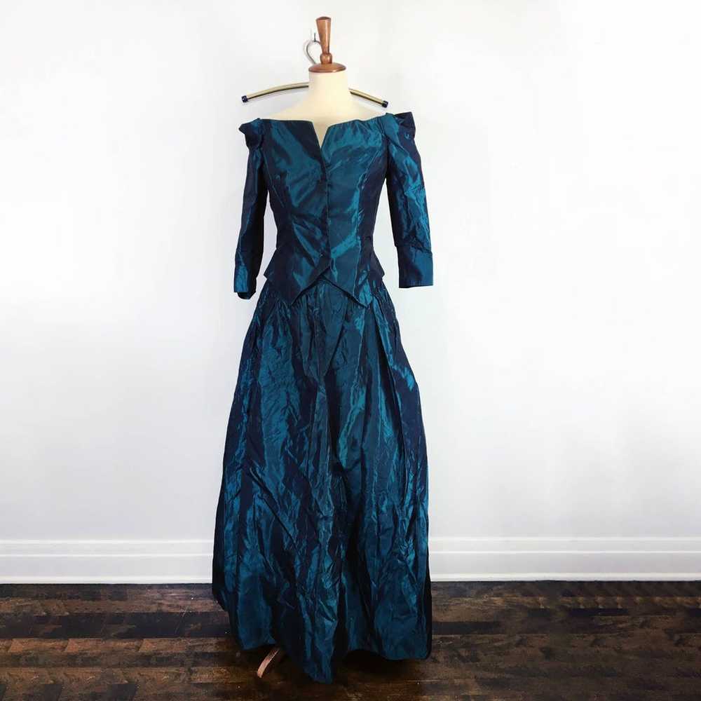Vintage 70s 80s Peacock Green Teal Strapless Ball… - image 2