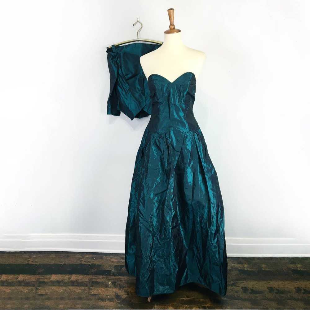 Vintage 70s 80s Peacock Green Teal Strapless Ball… - image 3
