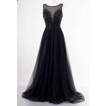 Xscape High Neck Mesh Plunge Beaded Tulle Gown In 