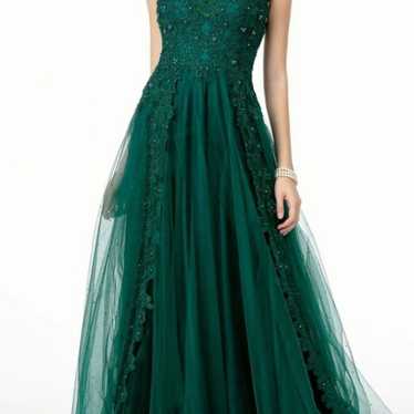 Beaded Embroidered Mesh A-Line Long Dres - image 1