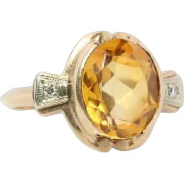 10k Citrine Large solitaire with Diamonds Ring. Ci