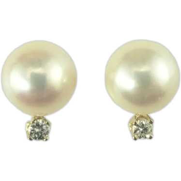 14 Karat Yellow Gold Pearl and Diamond Earrings #1