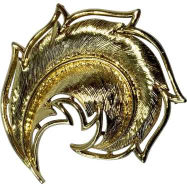 Gold Tone Blowing Feather Brooch Pin - image 1