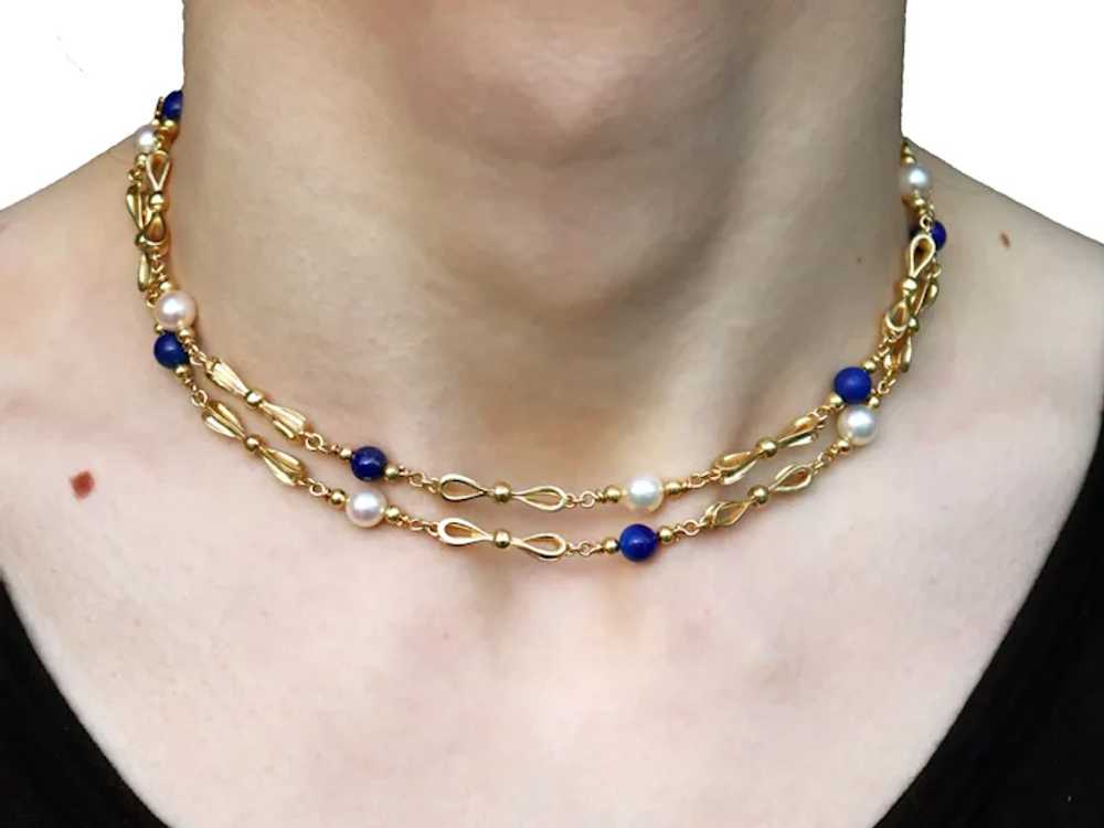 Vintage 7.80cttw Lapis Lazuli and Pearl 18k Yello… - image 9