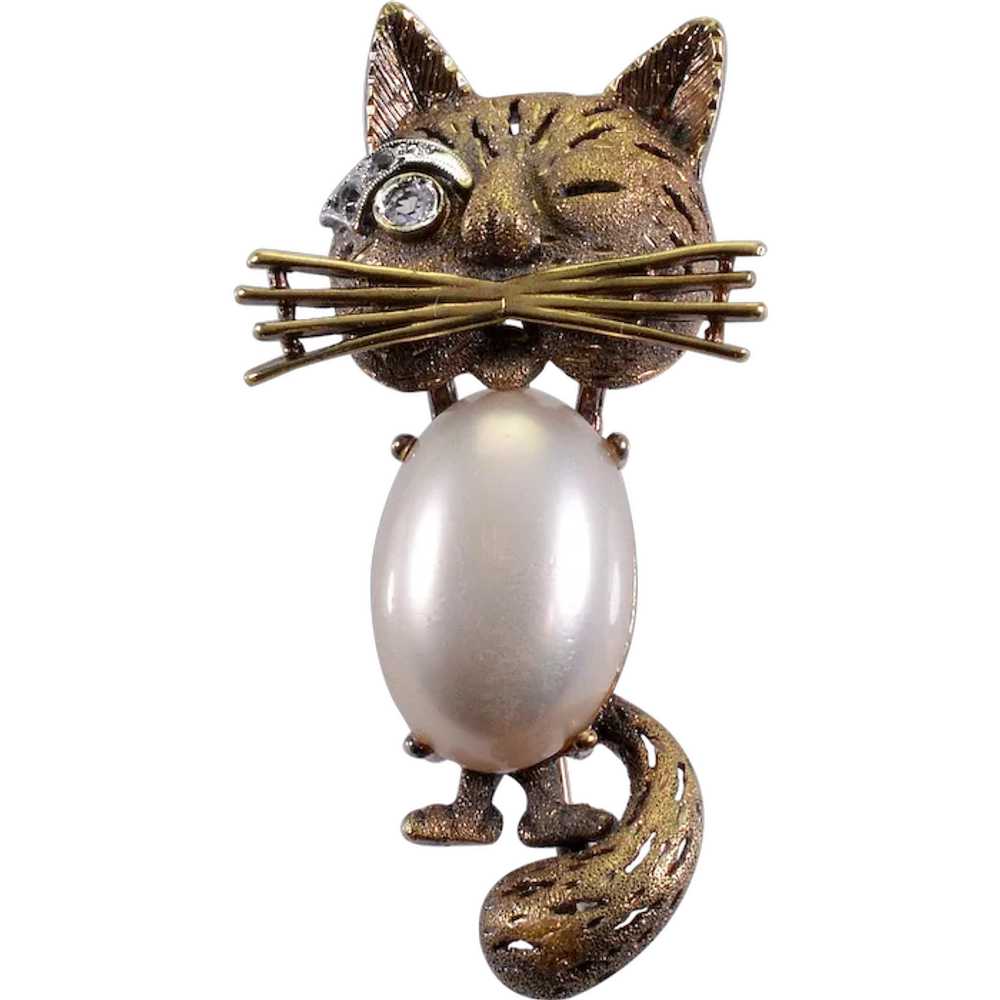 French Winking Cat Vermeil Sterling Pin Brooch C.… - image 1