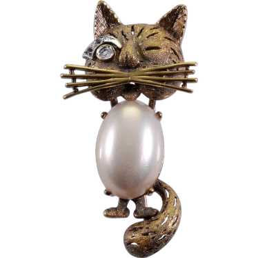 French Winking Cat Vermeil Sterling Pin Brooch C.… - image 1
