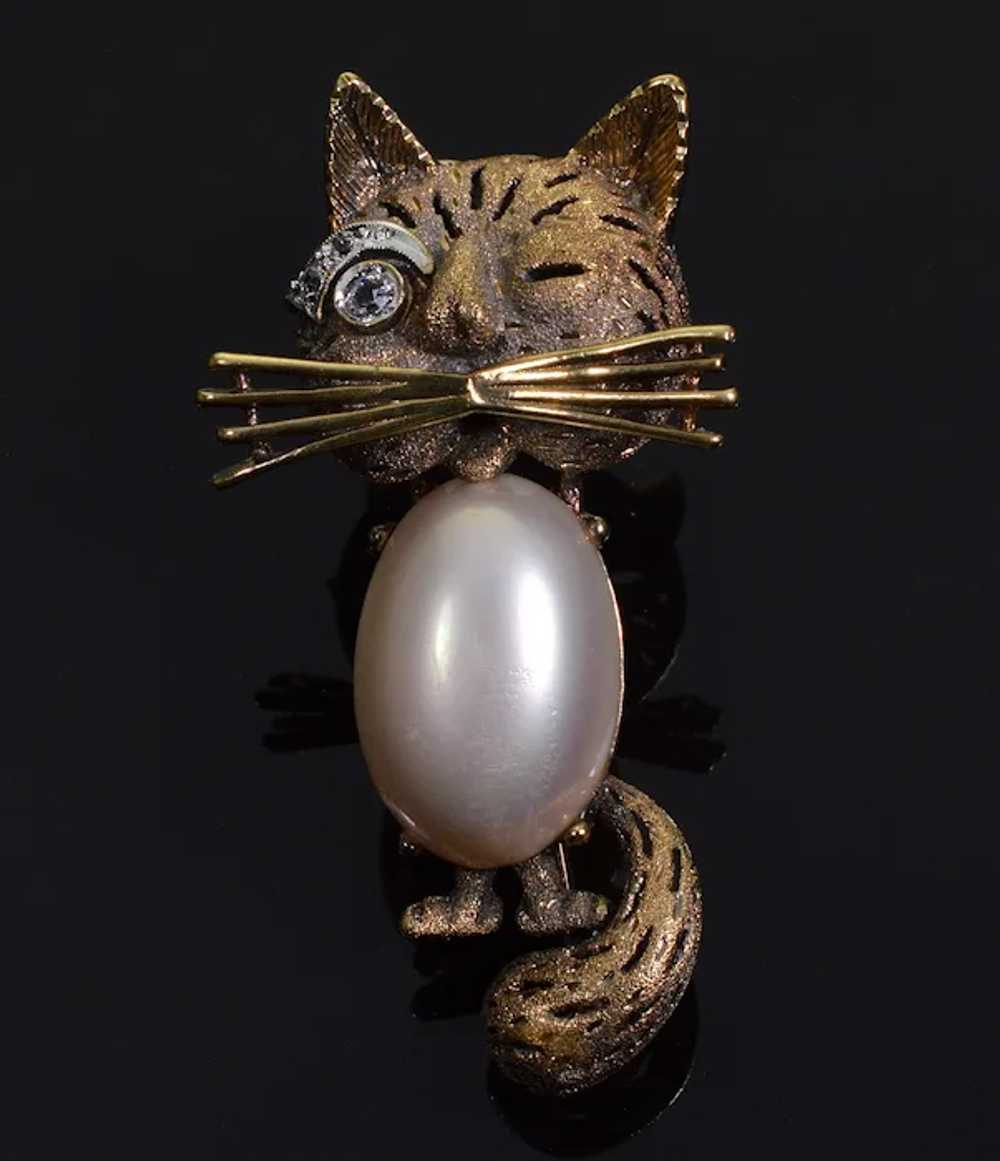 French Winking Cat Vermeil Sterling Pin Brooch C.… - image 2