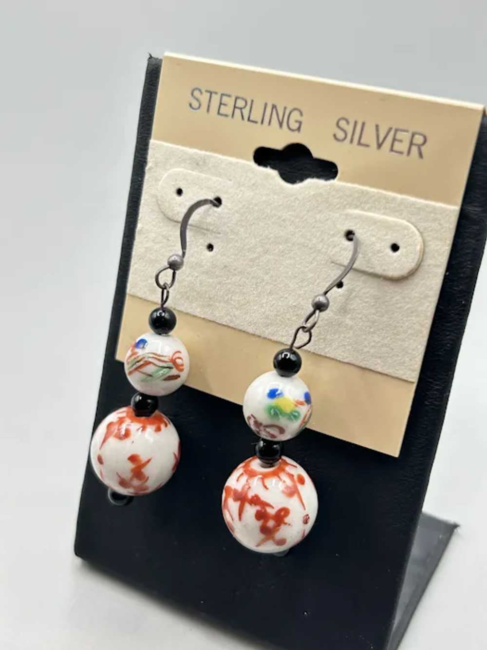 Vintage Beaded Dangle Earrings Oriental Handpaint… - image 2