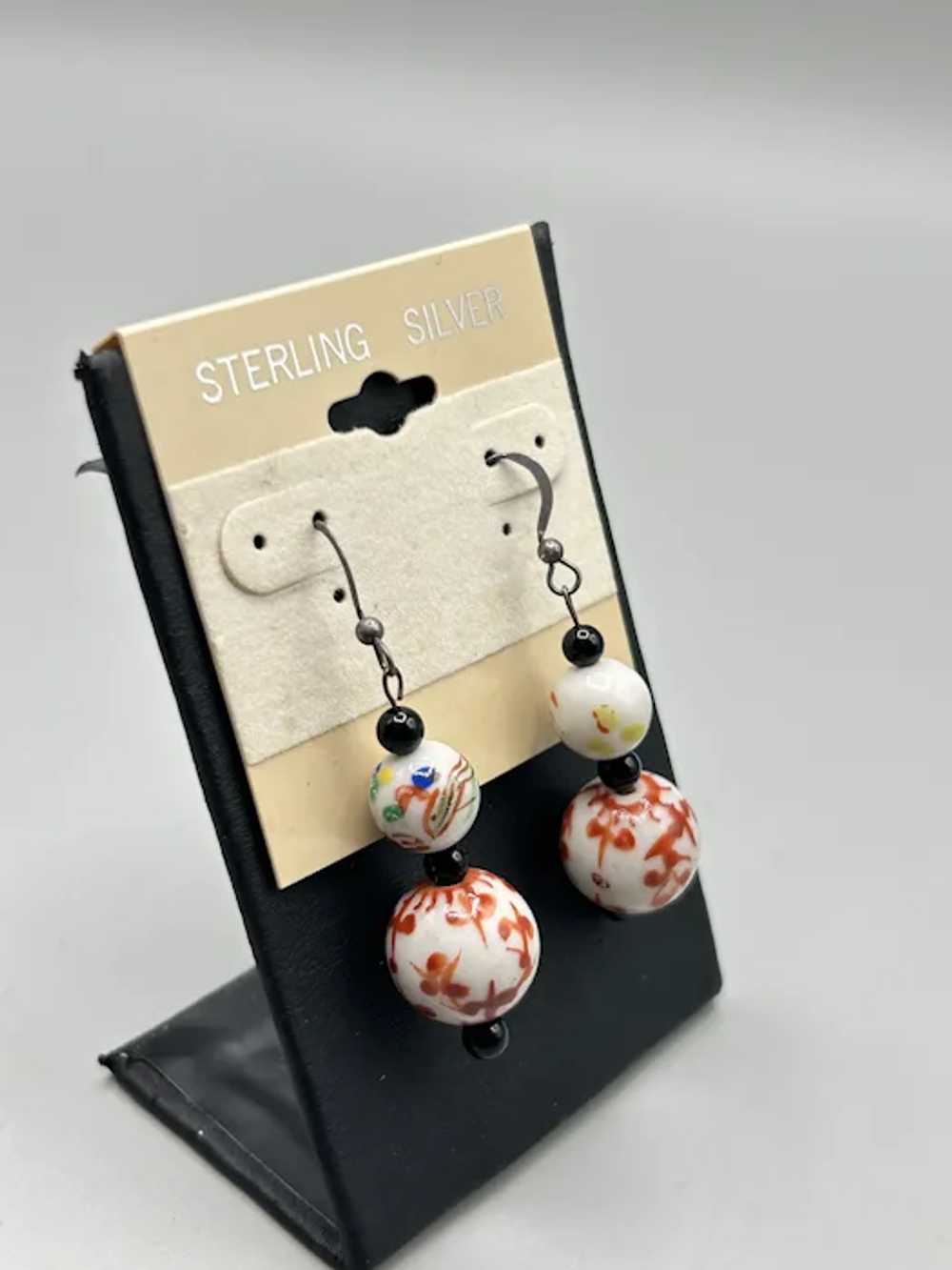 Vintage Beaded Dangle Earrings Oriental Handpaint… - image 3