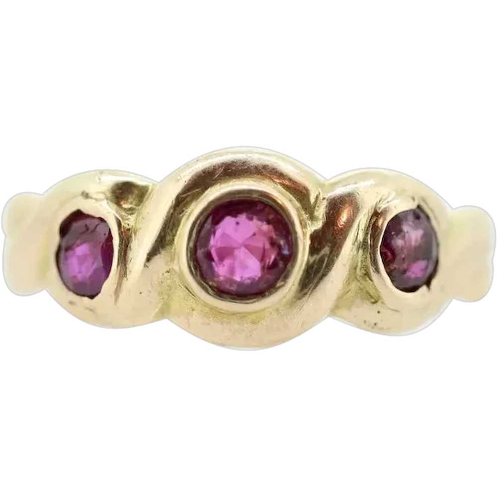 Antique 14k Ruby Ring. Bezel set Triple Ruby ring… - image 1