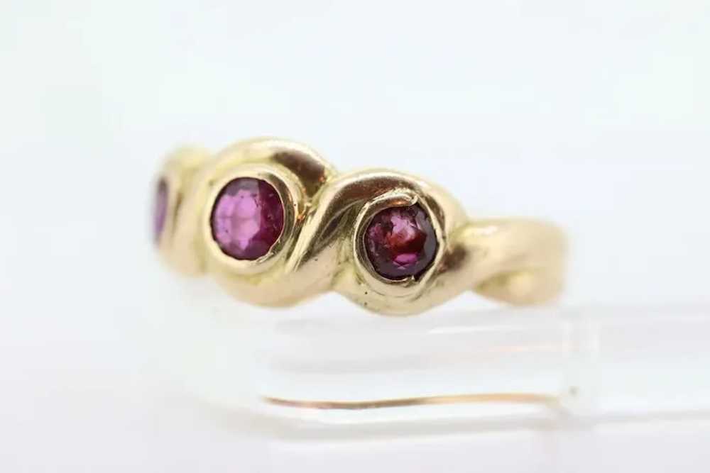 Antique 14k Ruby Ring. Bezel set Triple Ruby ring… - image 2