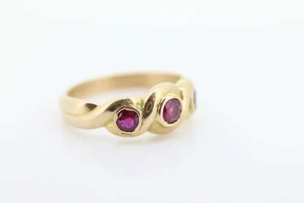 Antique 14k Ruby Ring. Bezel set Triple Ruby ring… - image 3