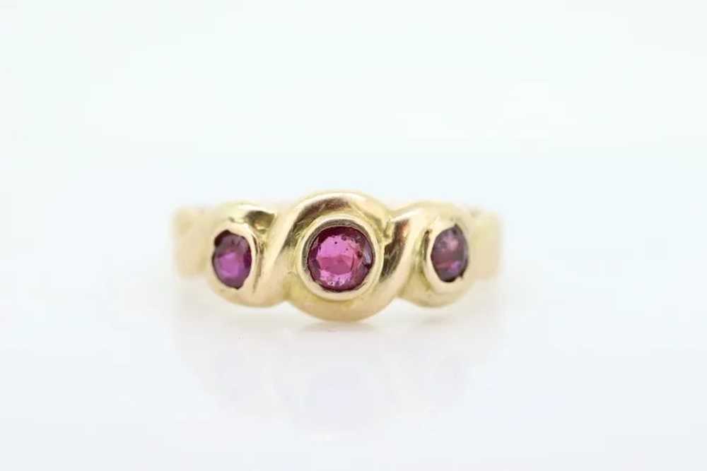 Antique 14k Ruby Ring. Bezel set Triple Ruby ring… - image 7