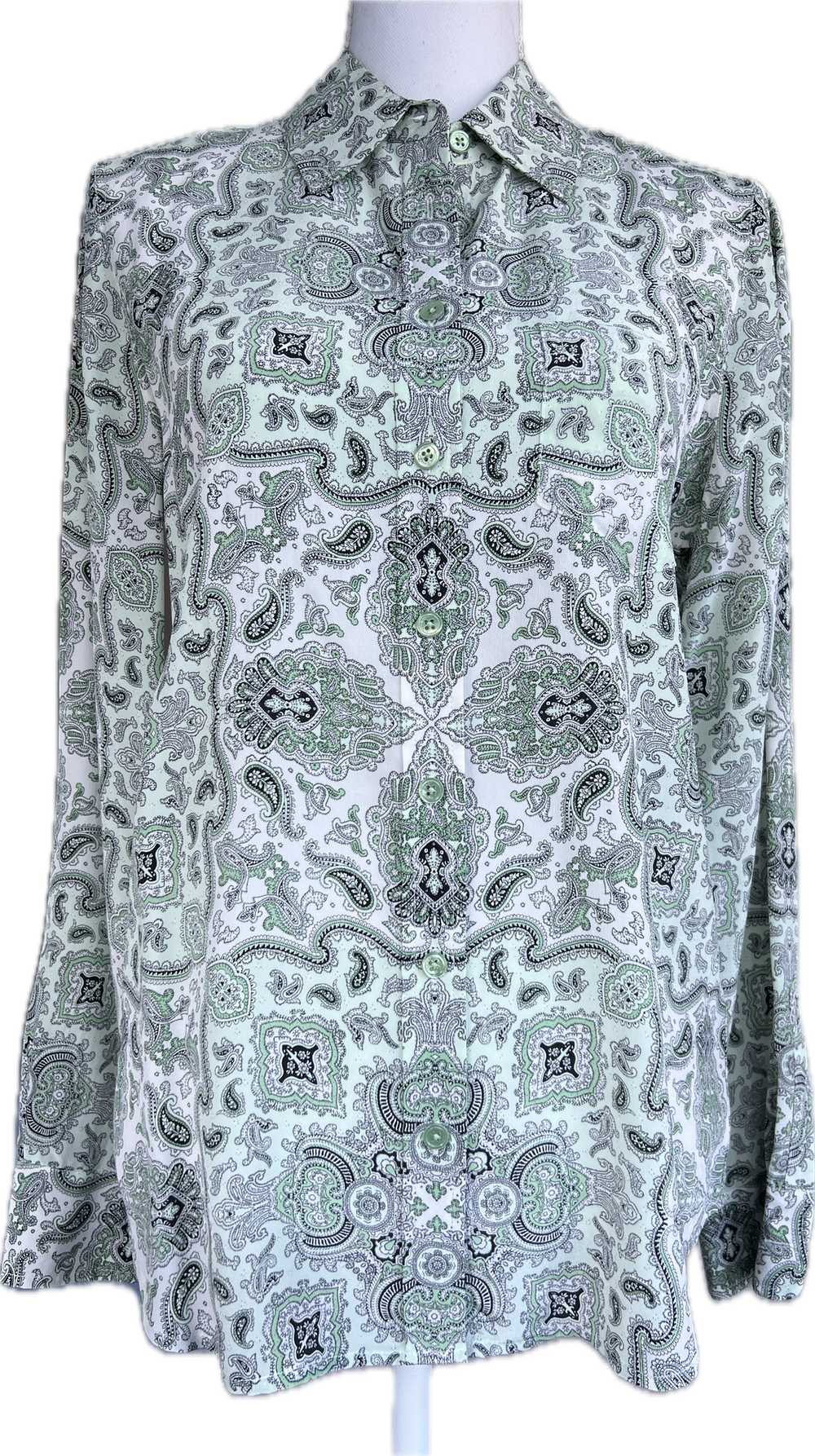 Equipment Mint Green and Black Paisley Silk Shirt… - image 1