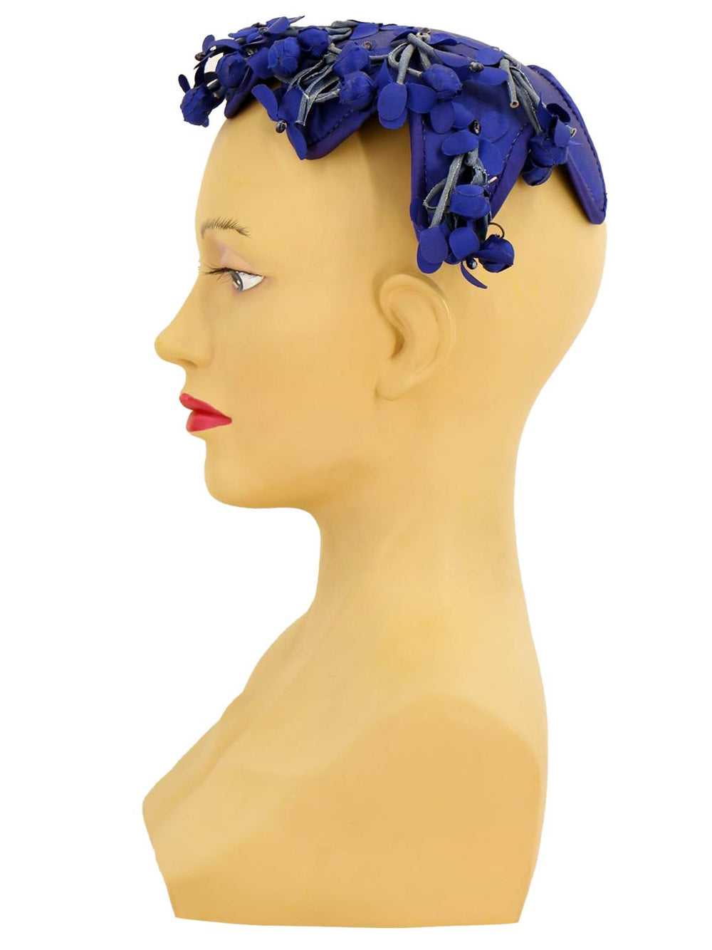 Deep Blue Floral Vintage Casque Hat - image 3