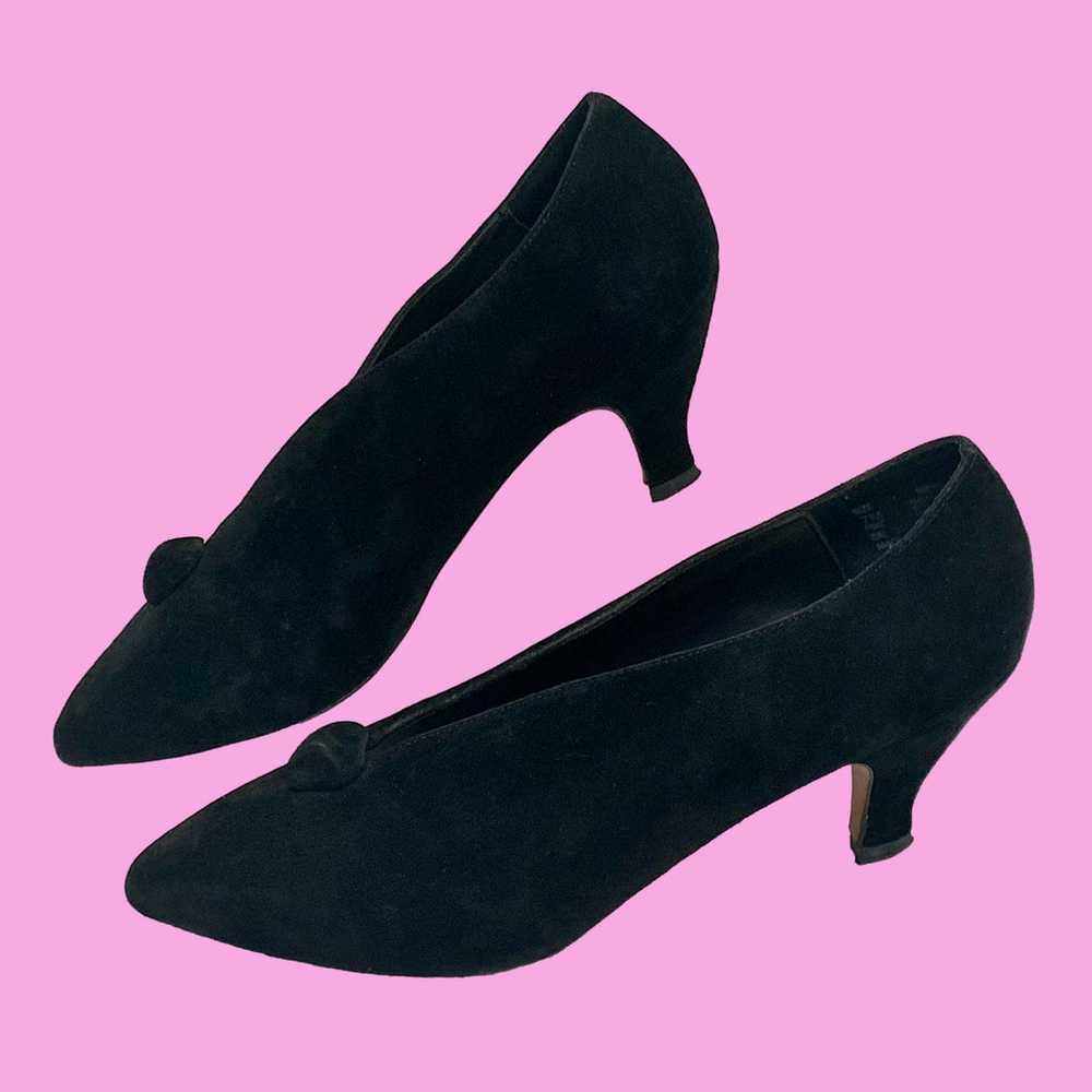 90s Apostrophe Black Suede Avant Gardé Pumps w Ge… - image 3