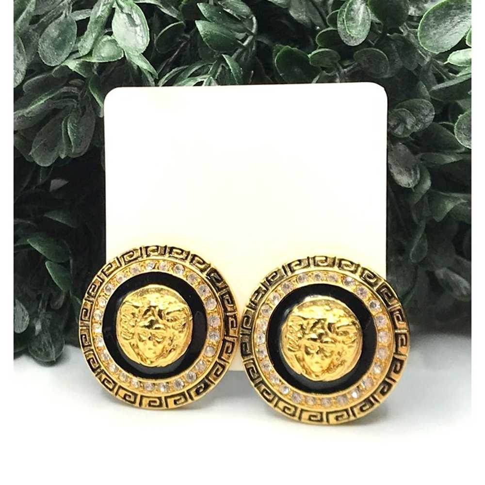 Fashion clip on earrings gold tone Madusa black e… - image 3