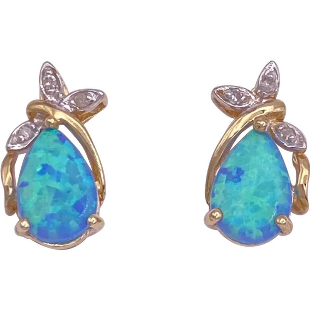 Created Opal and Diamond Earrings 10K Gold - image 1