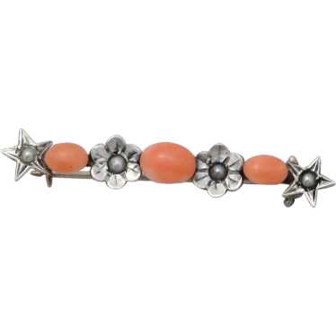 Antique Victorian Natural Coral Flower Star Silver