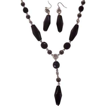 Ann Klein Black Glass & Bezel Crystal Necklace & … - image 1