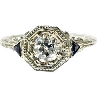 18K Art Deco Diamond & Sapphire Ring 1/2 CT ca 19… - image 1