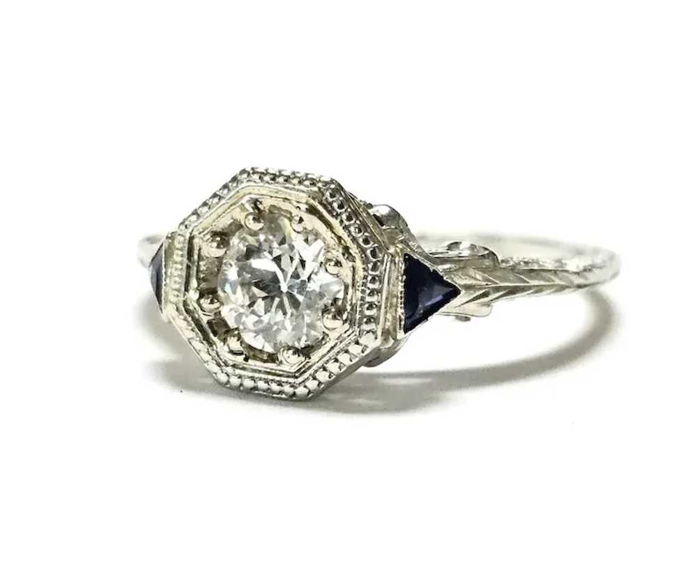 18K Art Deco Diamond & Sapphire Ring 1/2 CT ca 19… - image 2