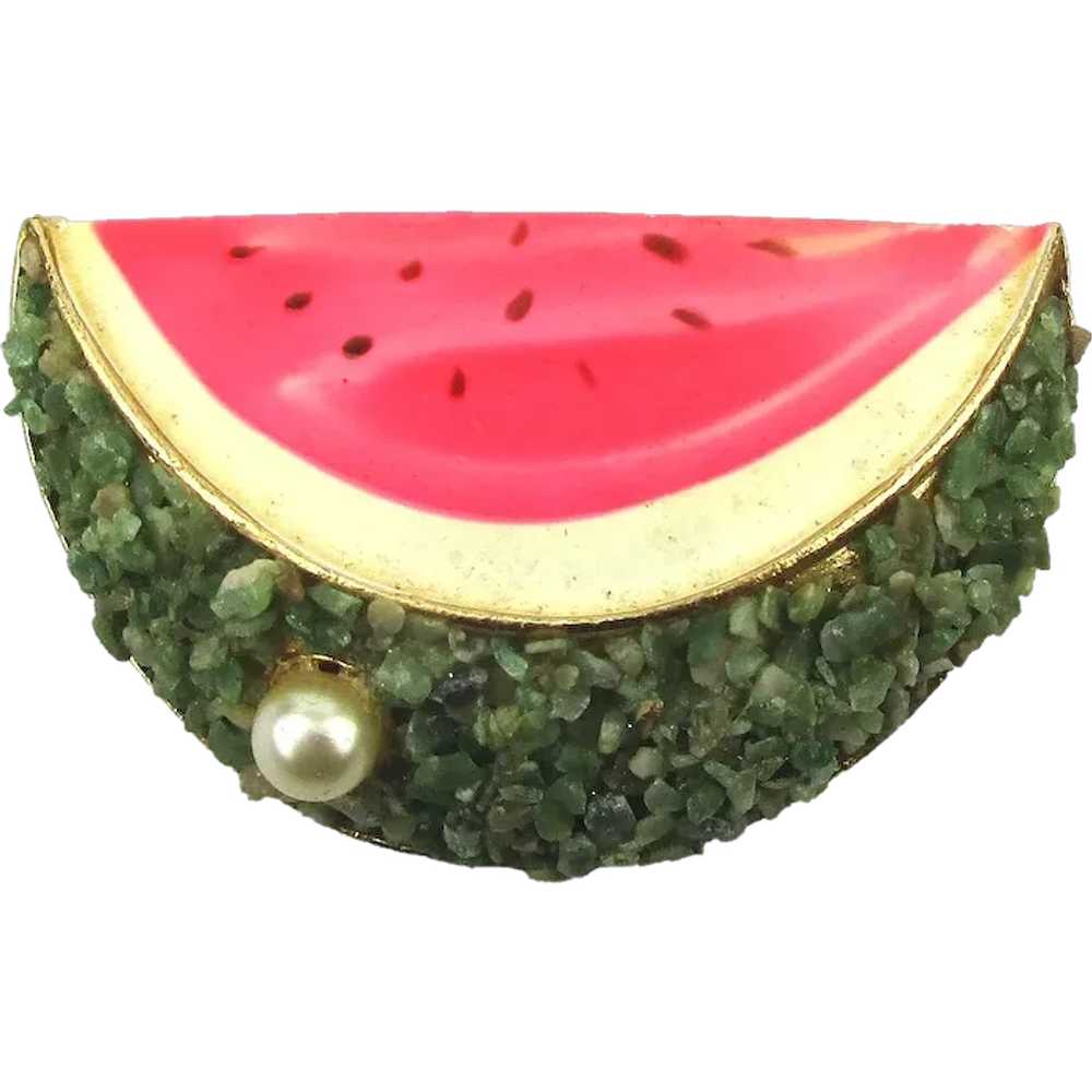 Vintage BSK Watermelon Pin Brooch Enamel Pearl w/… - image 1