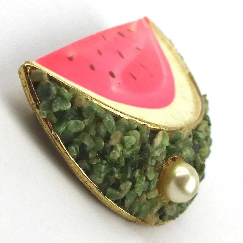 Vintage BSK Watermelon Pin Brooch Enamel Pearl w/… - image 2