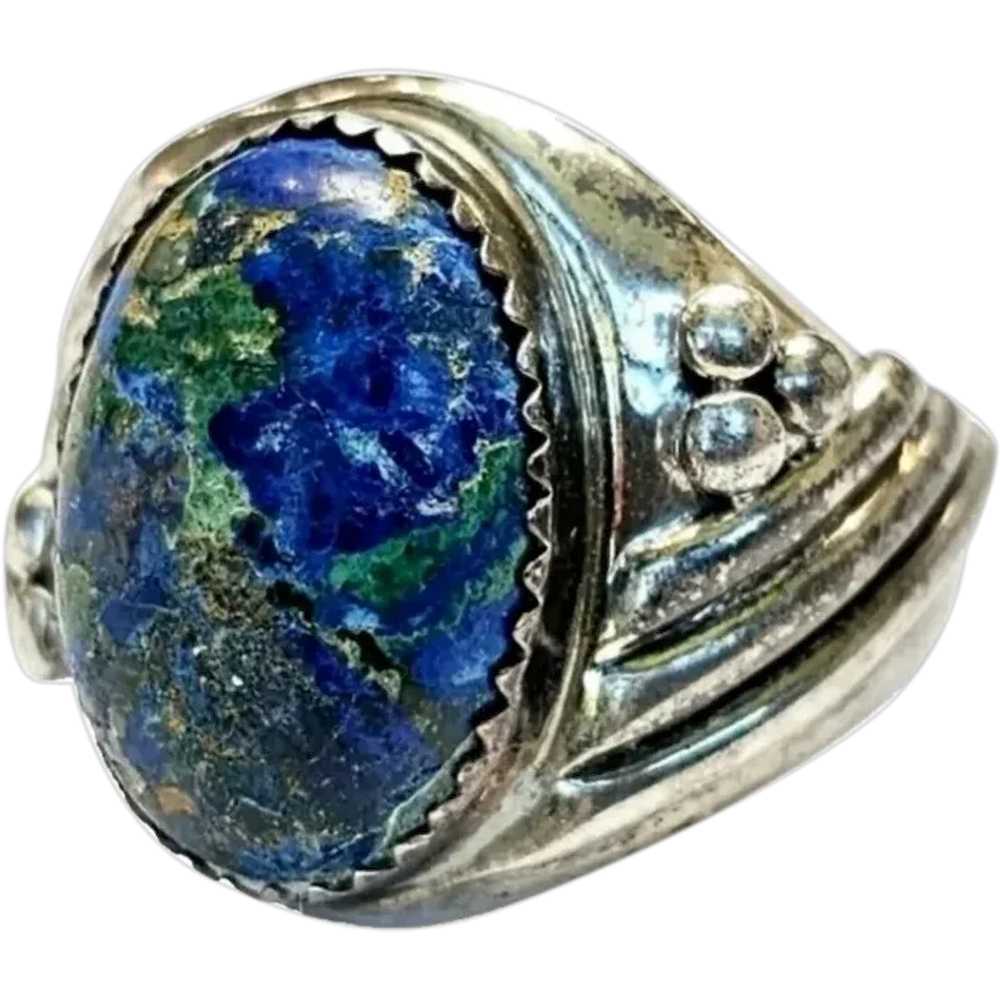 Mens Azurite Malachite Ring Sterling Signet Caboc… - image 1