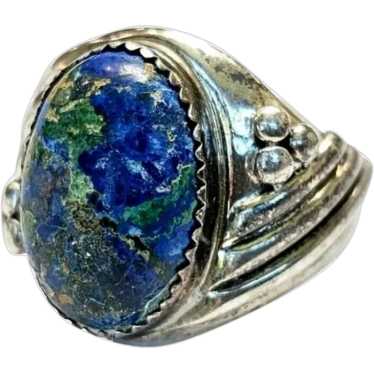 Mens Azurite Malachite Ring Sterling Signet Caboc… - image 1