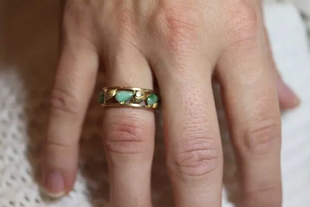 14k Green White Jade cabochon ring. Apple translu… - image 2