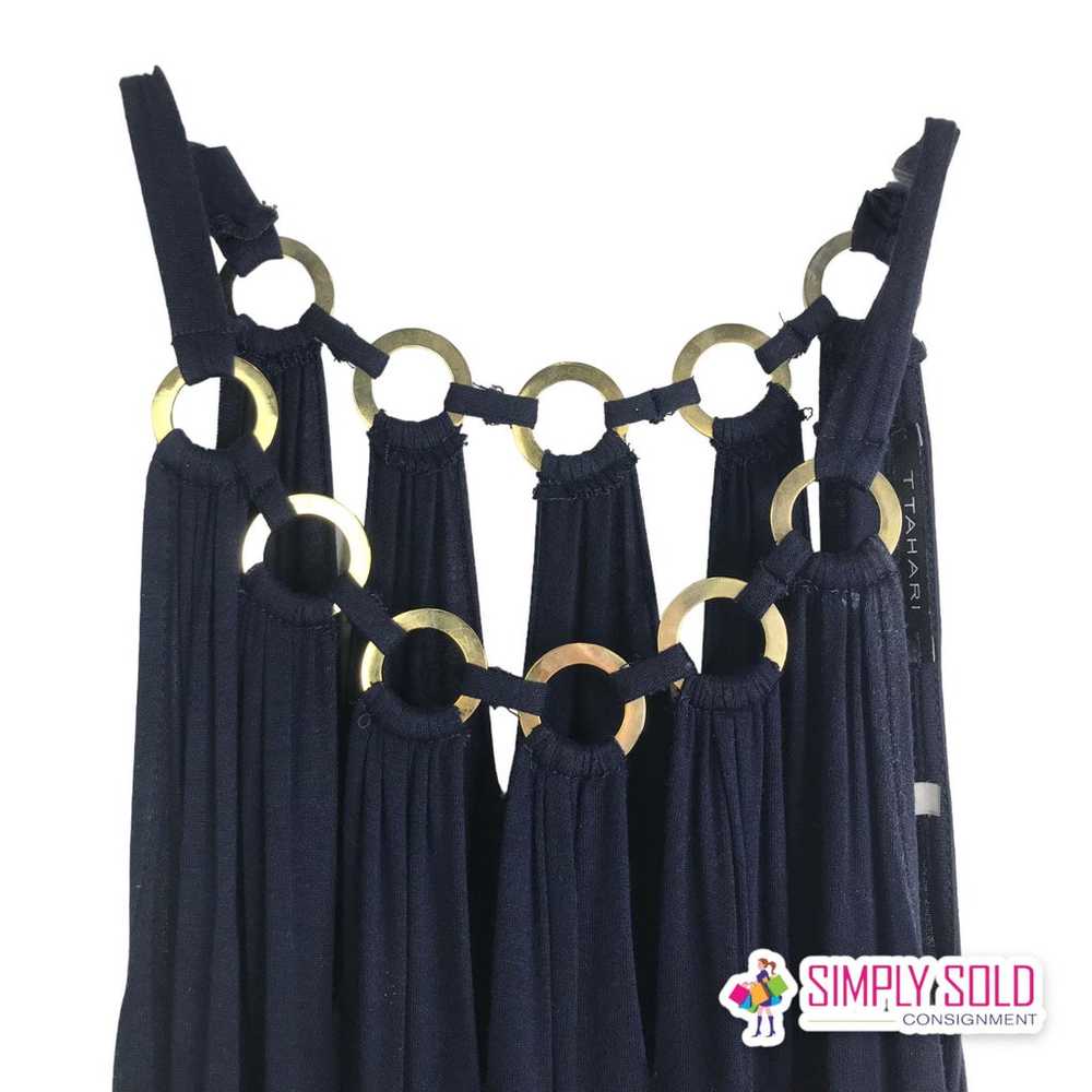 T Tahari Women's Maxi Dress Blue Gold Stretch Sle… - image 3