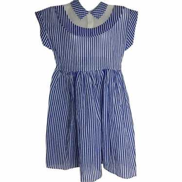 Vintage 50s Striped Crinkle Swing Dress S Blue Sh… - image 1