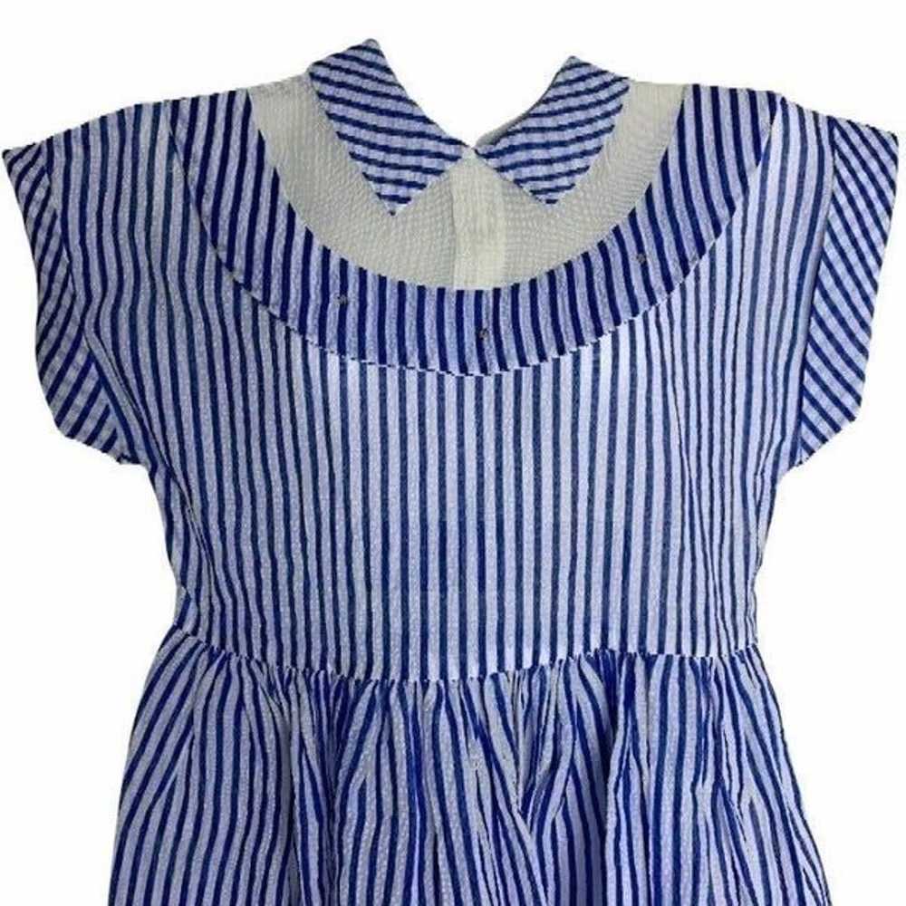 Vintage 50s Striped Crinkle Swing Dress S Blue Sh… - image 2