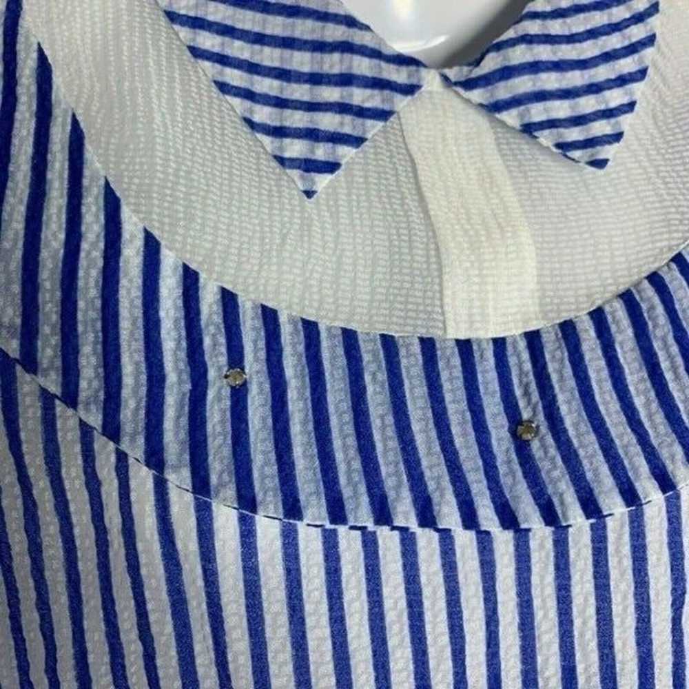 Vintage 50s Striped Crinkle Swing Dress S Blue Sh… - image 3