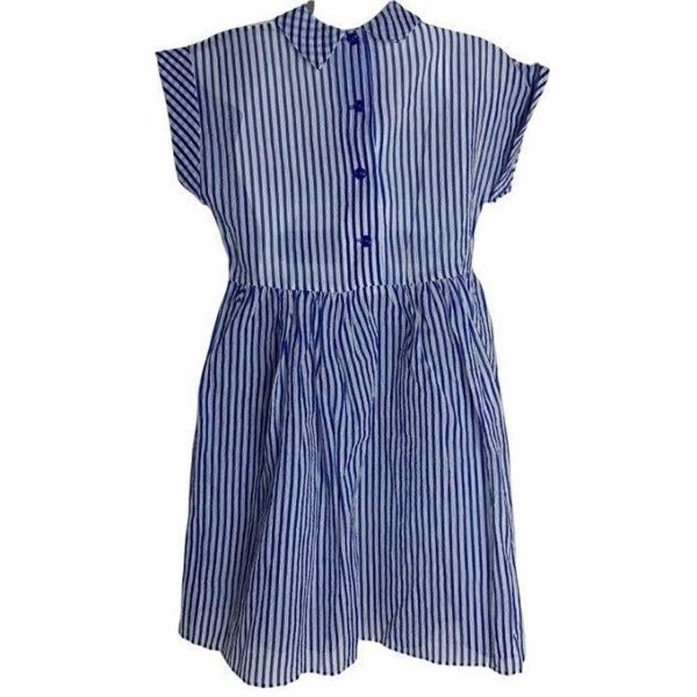 Vintage 50s Striped Crinkle Swing Dress S Blue Sh… - image 4
