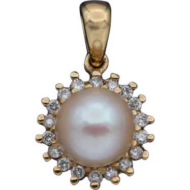 Vintage 10K Yellow Gold Pearl & Diamond Pendant - image 1