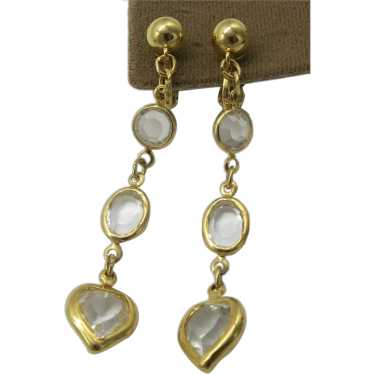 Trifari TM Crystal Dangle Earrings w/ Heart Gold … - image 1