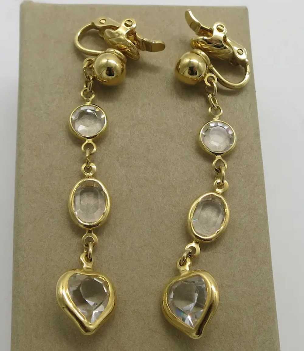 Trifari TM Crystal Dangle Earrings w/ Heart Gold … - image 2