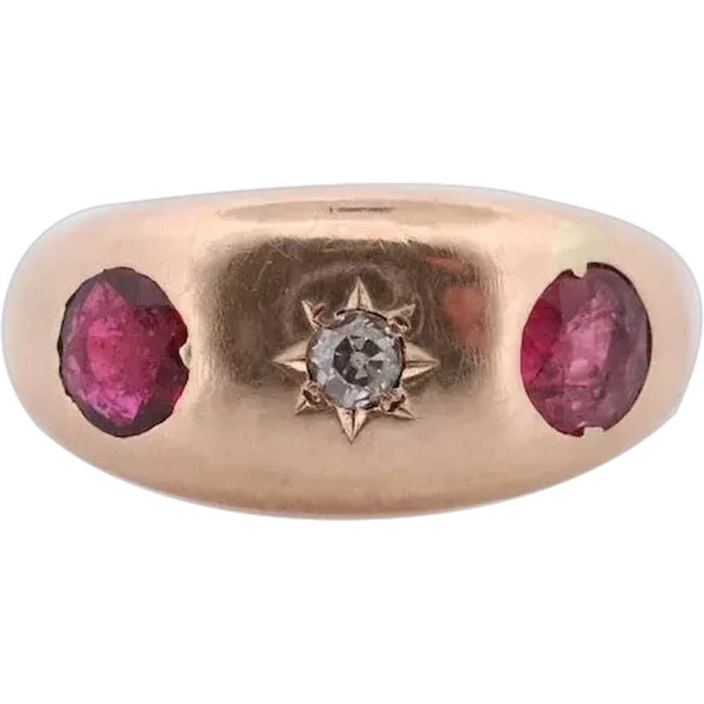 Antique 14k Triple Ruby Diamond signet ring. Gyps… - image 1